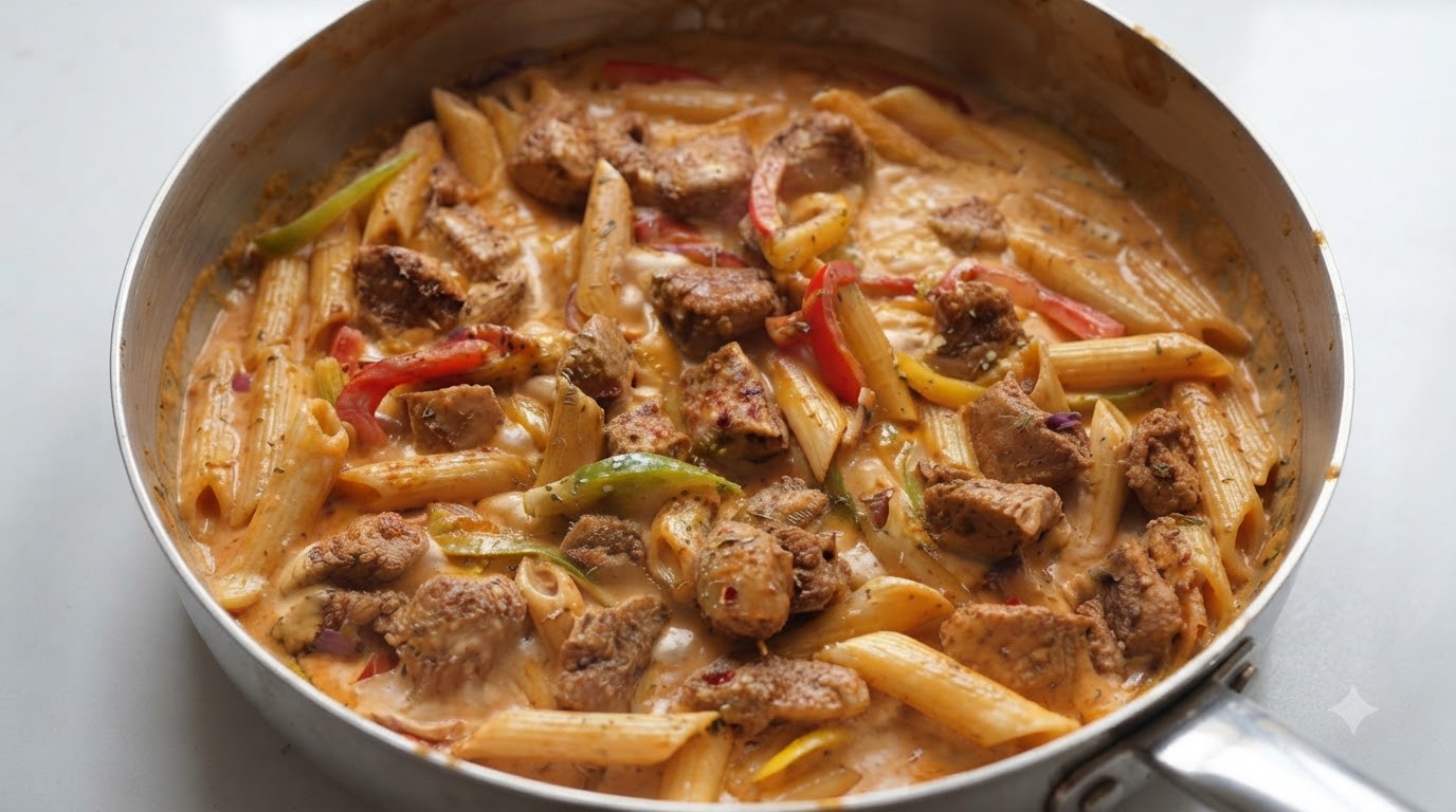 Kremowy makaron z kurczakiem w stylu fajita