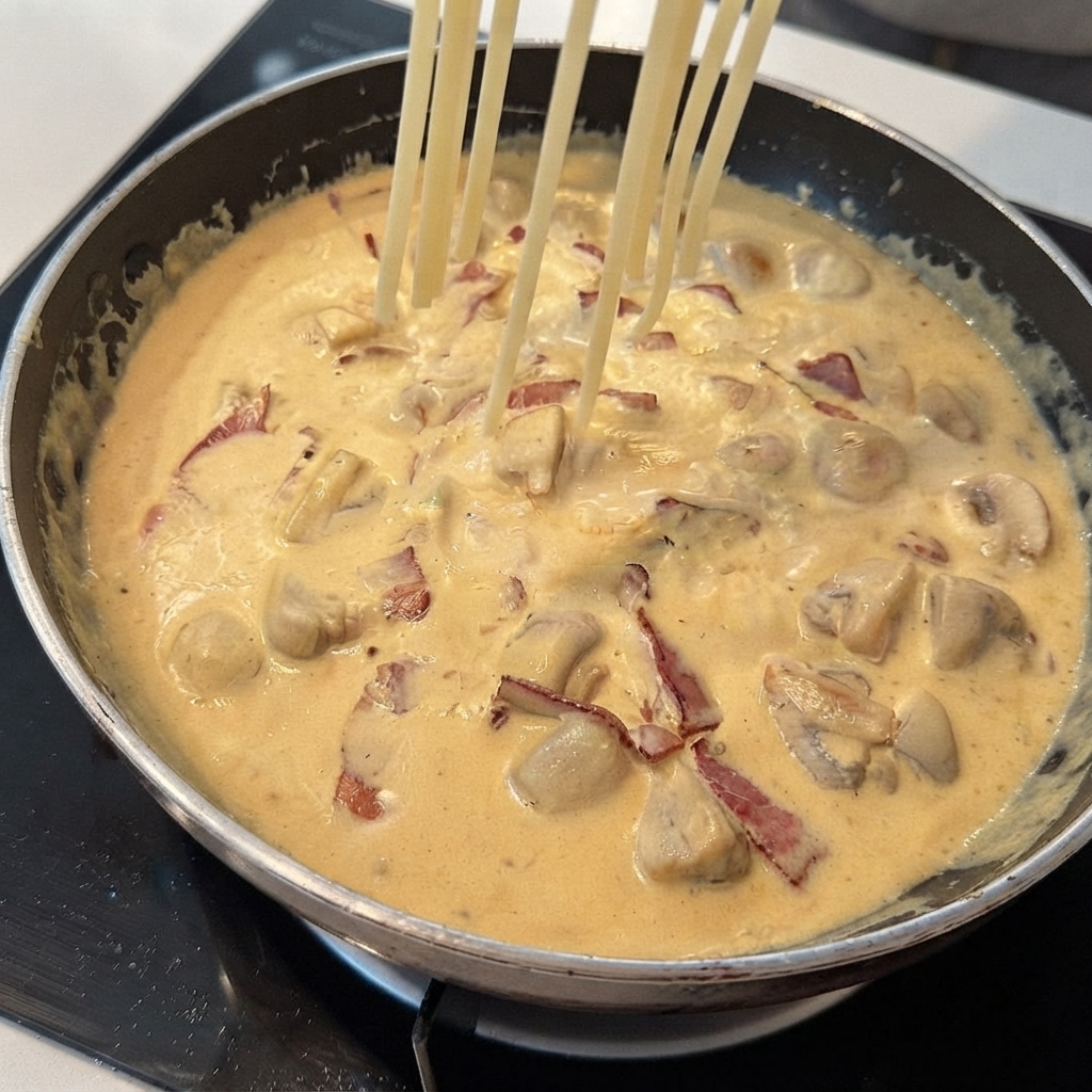 Świeżo ugotowany makaron spaghetti wrzucany do patelni wypełnionej bulgoczącym, kremowym sosem.