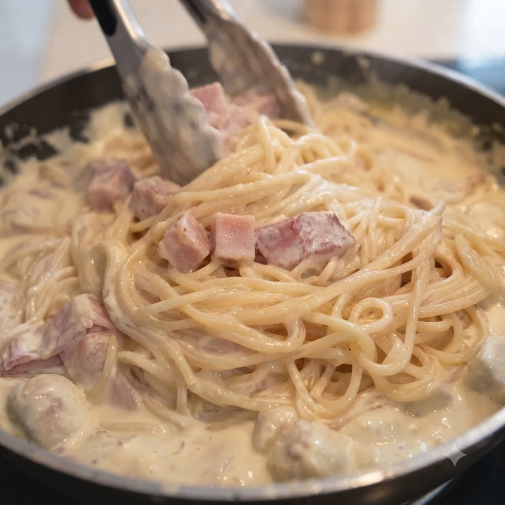 Makaron spaghetti i kremowy sos mieszane razem za pomocą szczypiec kuchennych na patelni.