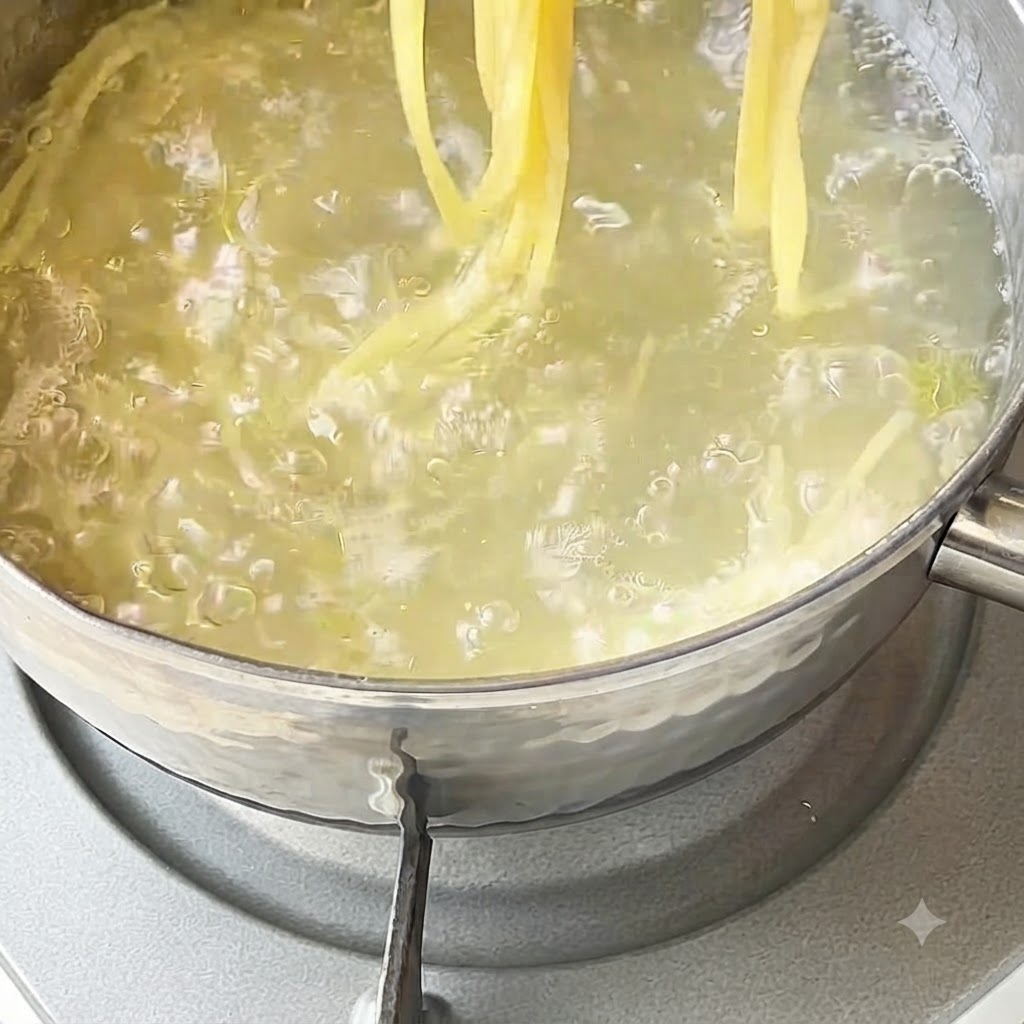 Ugotowane spaghetti płukane zimną wodą za pomocą szczypiec kuchennych.