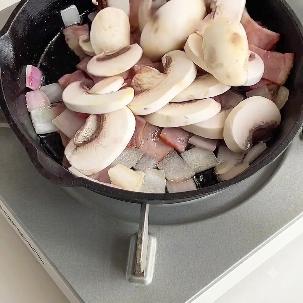 Pokrojone w plasterki białe pieczarki umieszczone na patelni z boczkiem i kawałkami cebuli.