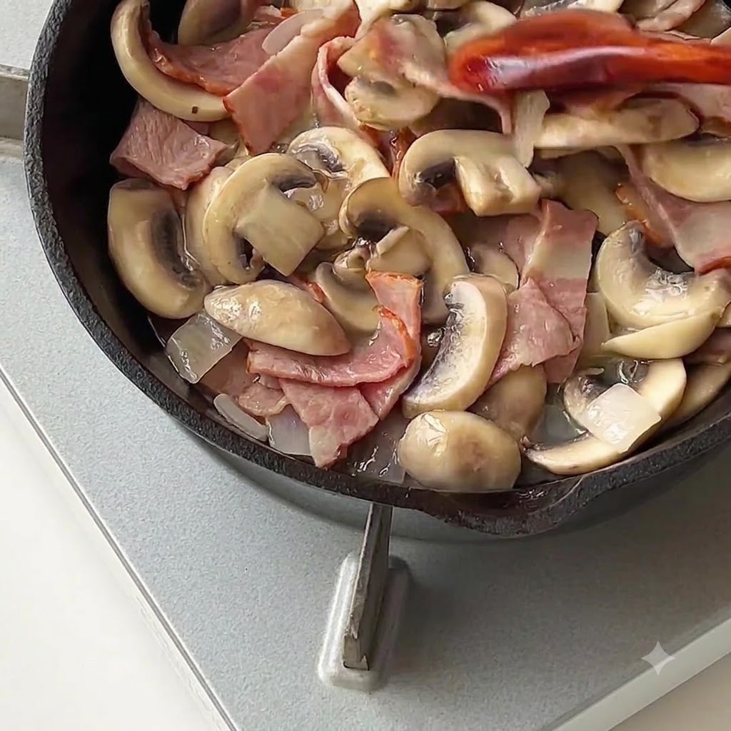 Sól morska i czarny pieprz sypane na gotującą się mieszaninę na patelni.