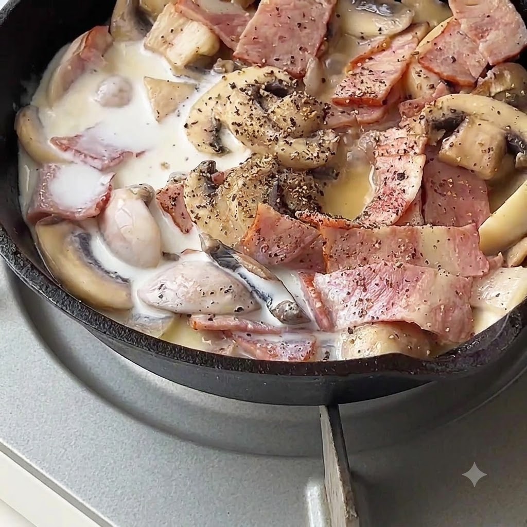 Mleko i śmietanka wlewane do patelni z boczkiem i pieczarkami.
