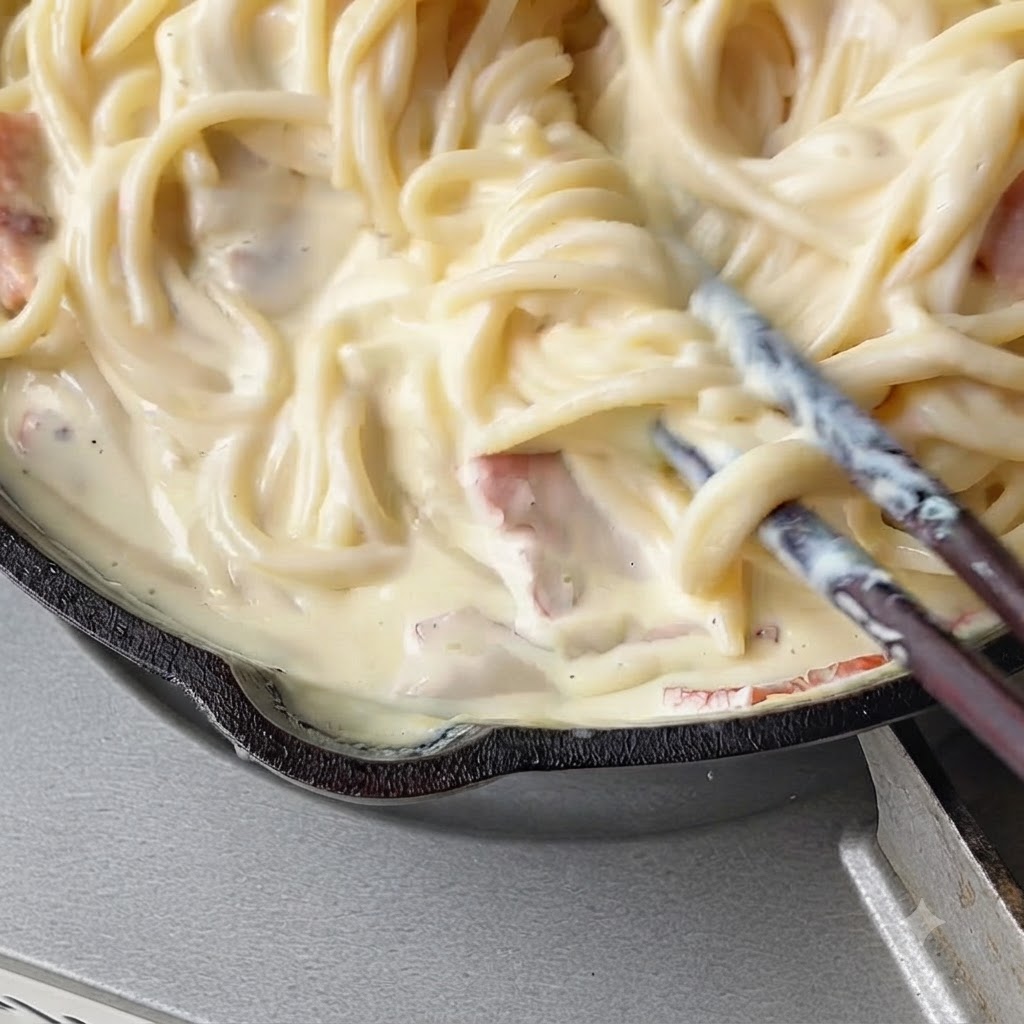 Makaron podrzucany i mieszany w kremowym sosie za pomocą przyborów kuchennych.