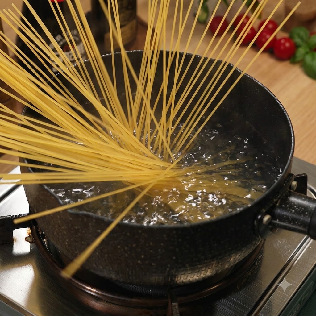 Makaron spaghetti gotujący się i mięknący w garnku z wrzącą wodą na kuchence.