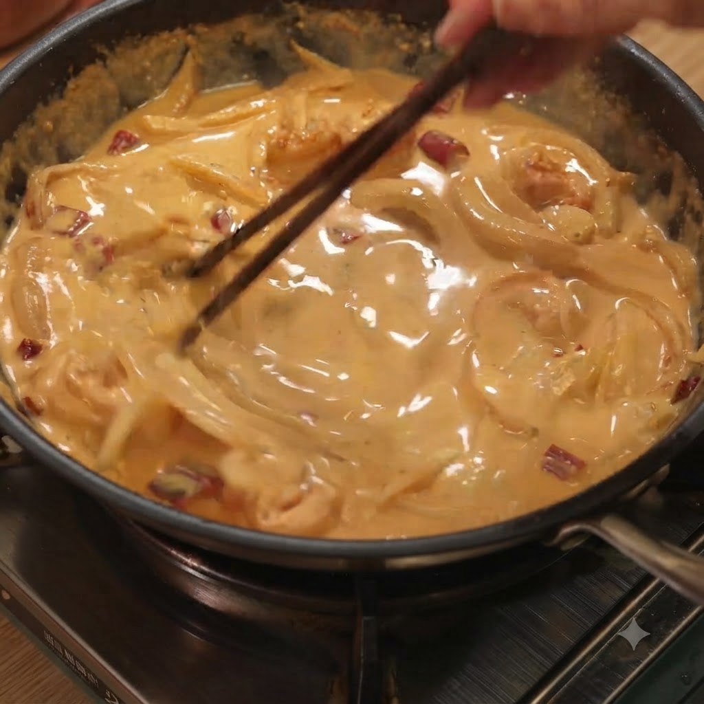 Ugotowane spaghetti mieszane i łączone z kremowym sosem za pomocą pałeczek.