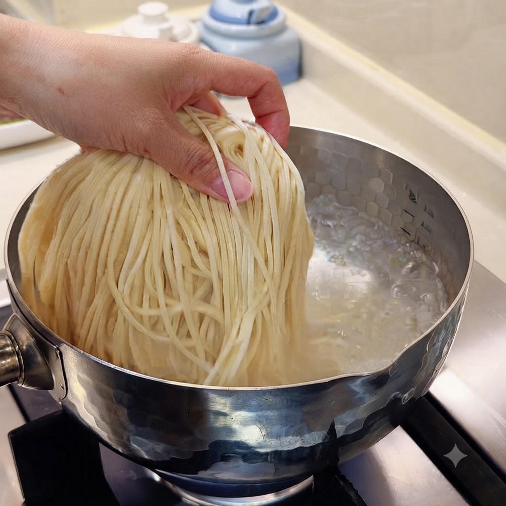 Świeży makaron wrzucany do garnka z wrzącą, bąbelkującą wodą.