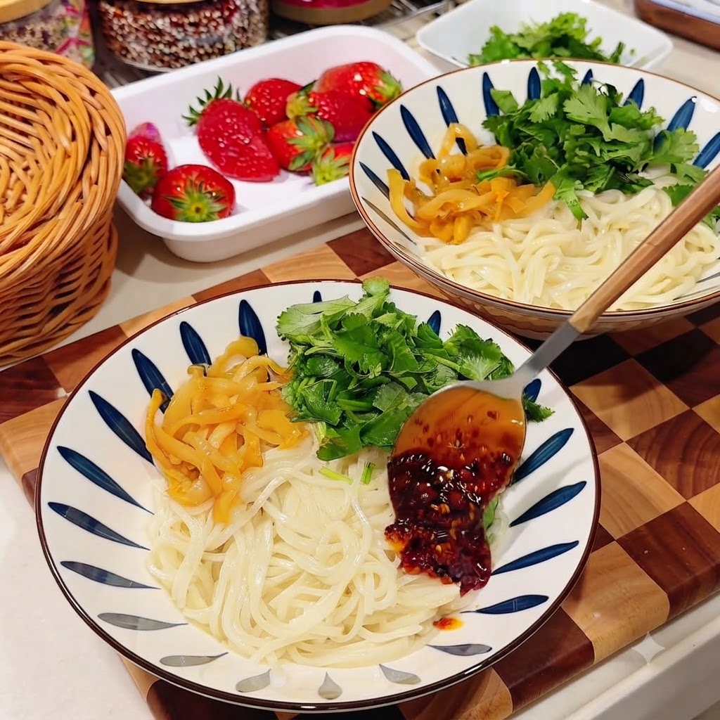 Łyżka czerwonego oleju chili polewana na makaron, marynowaną gorczycę i kolendrę.