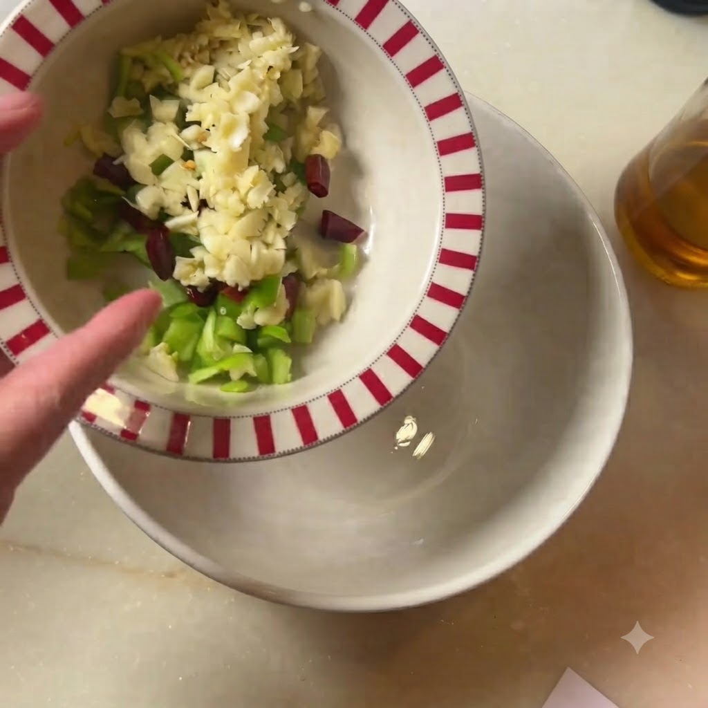 Miska zawierająca posiekany czosnek, zielone chili i suszone kawałki czerwonego chili.