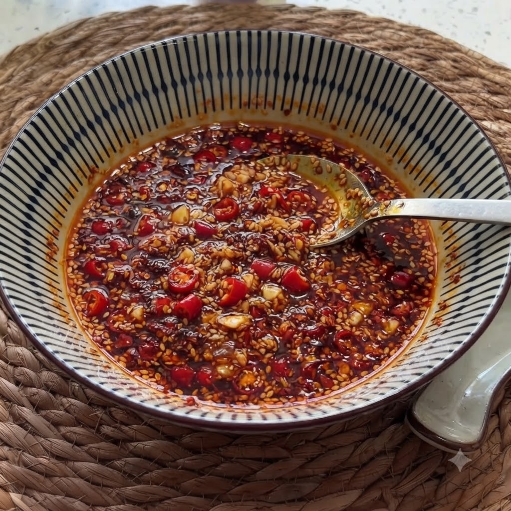 Białe nasiona sezamu i łyżka czerwonego proszku chili dodane do mieszanki czosnku i chili w miseczce.