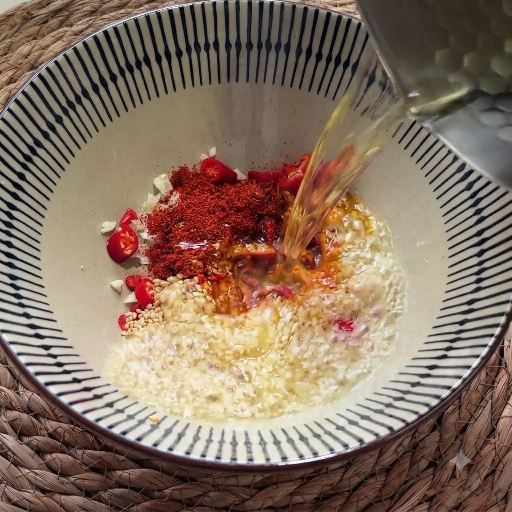 Gorący olej wlewany z naczynia do miski, skwierczący na czosnku, nasionach sezamu i proszku chili.