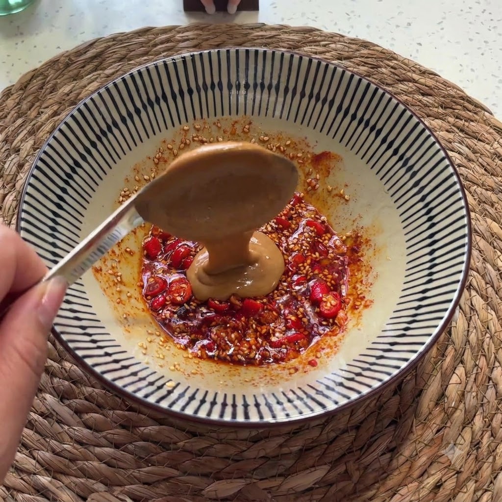 Pasta Erba nakładana łyżką do doprawionej mieszanki oleju w miseczce.