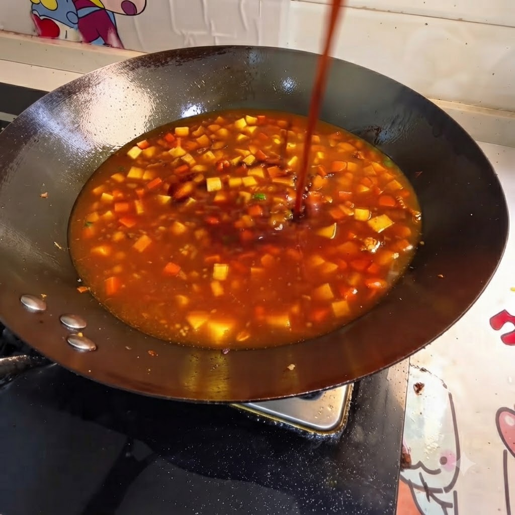 Przyprawy i wrząca woda wlewane do woka z warzywami i tofu.
