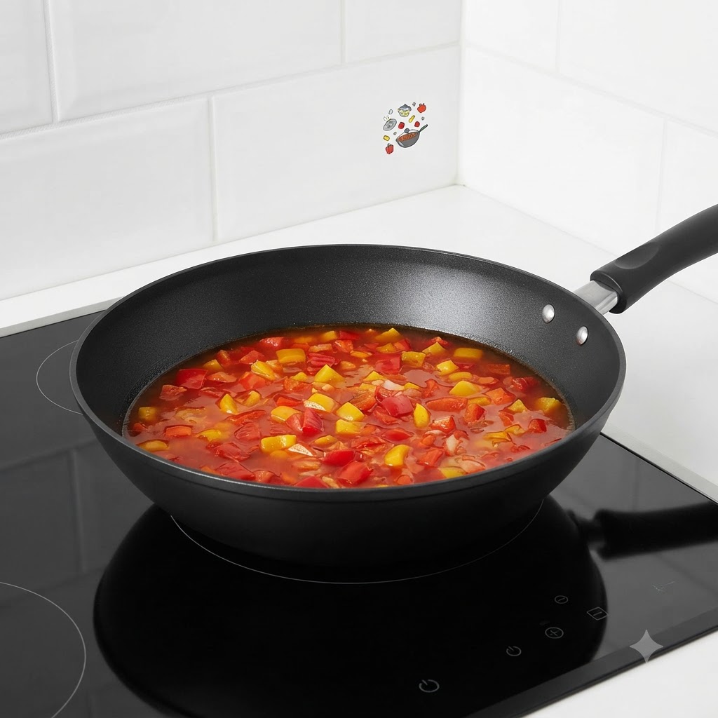 Przykryty wok stojący na kuchence podczas duszenia składników.