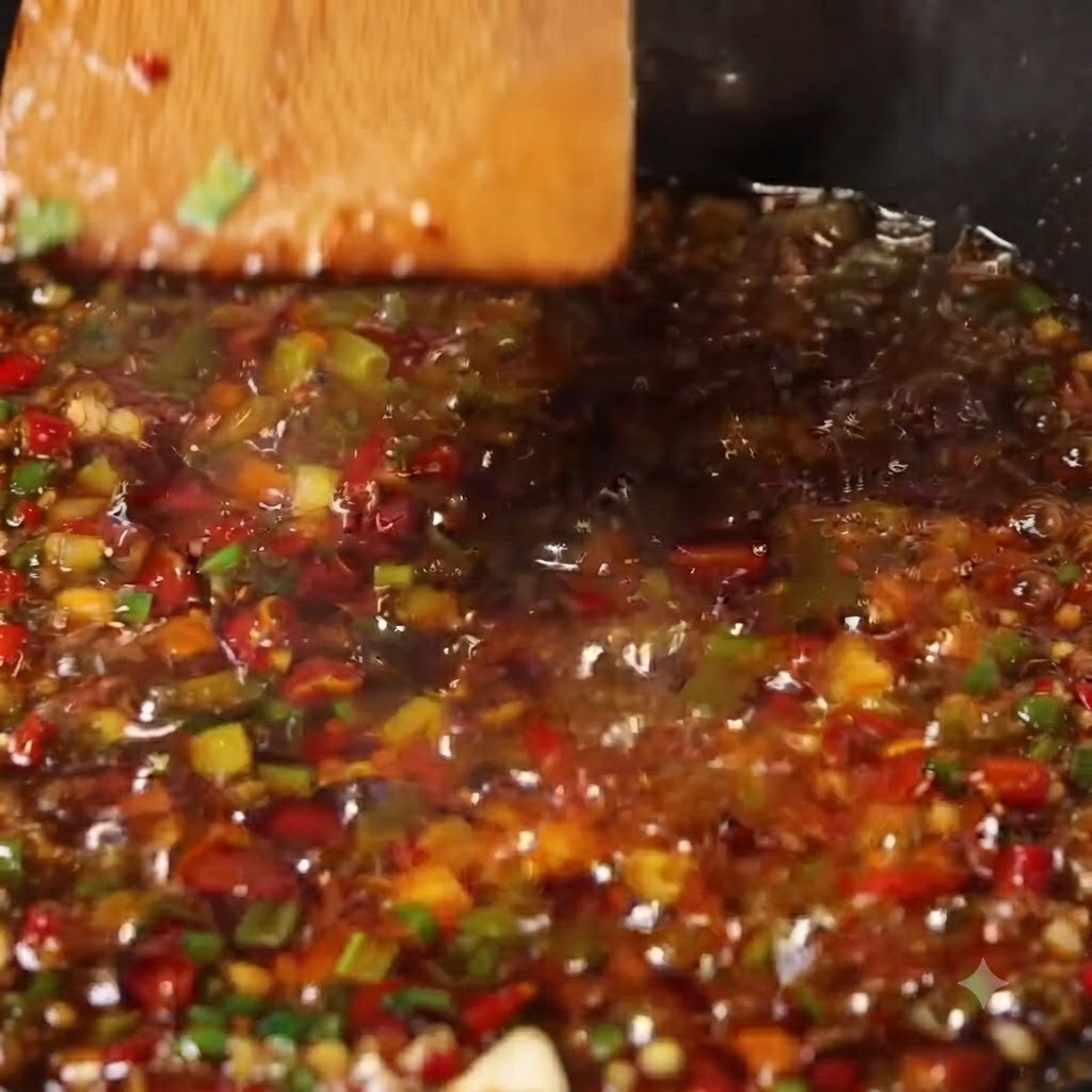 Drewniana łopatka mieszająca duszoną mieszankę chili, czosnku i sosu wołowego w woku.