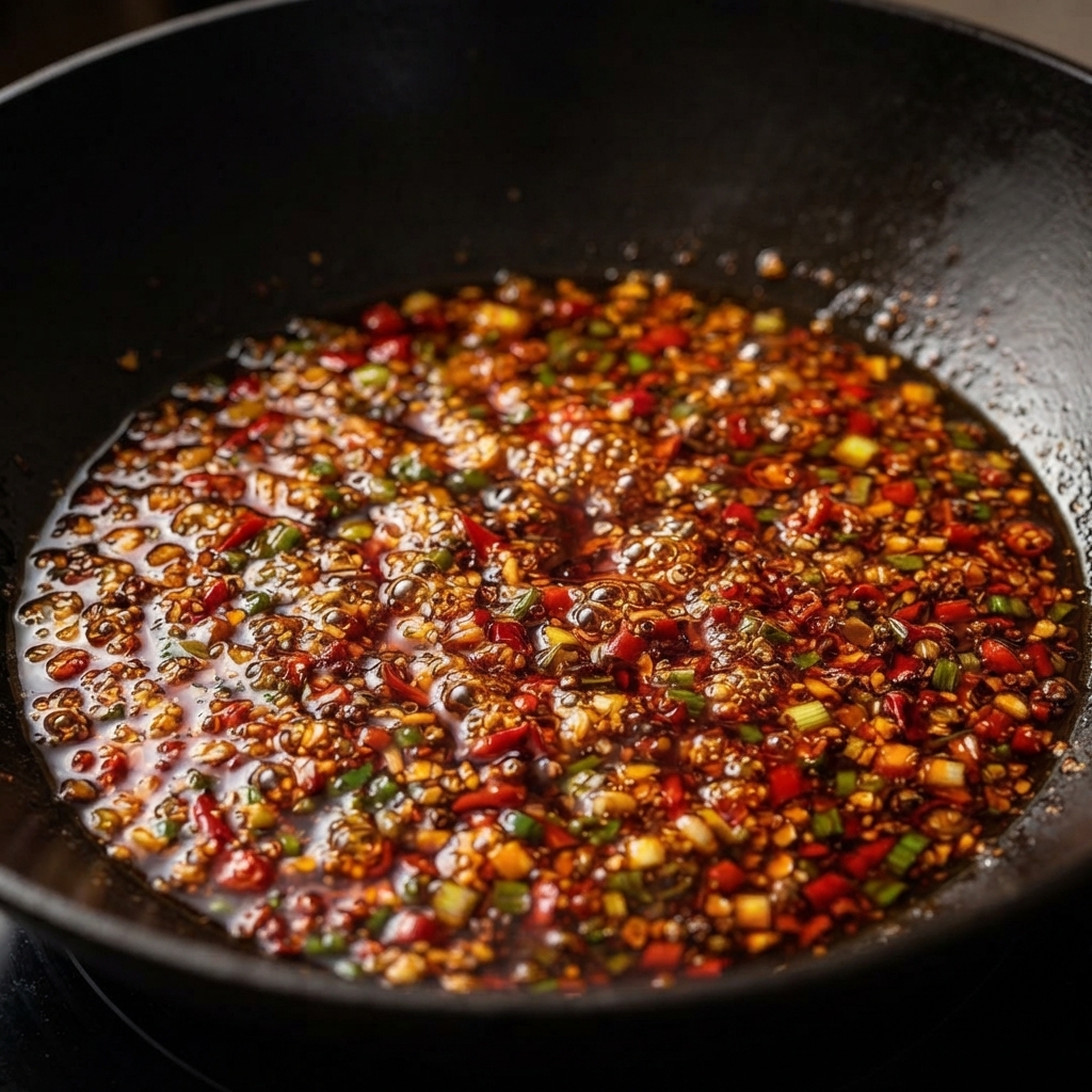 Czarny wok wypełniony bulgoczącym, intensywnie czerwonym sosem wołowym z chili wymieszanym z posiekaną zieloną cebulką, aromatami i nasionami sezamu.