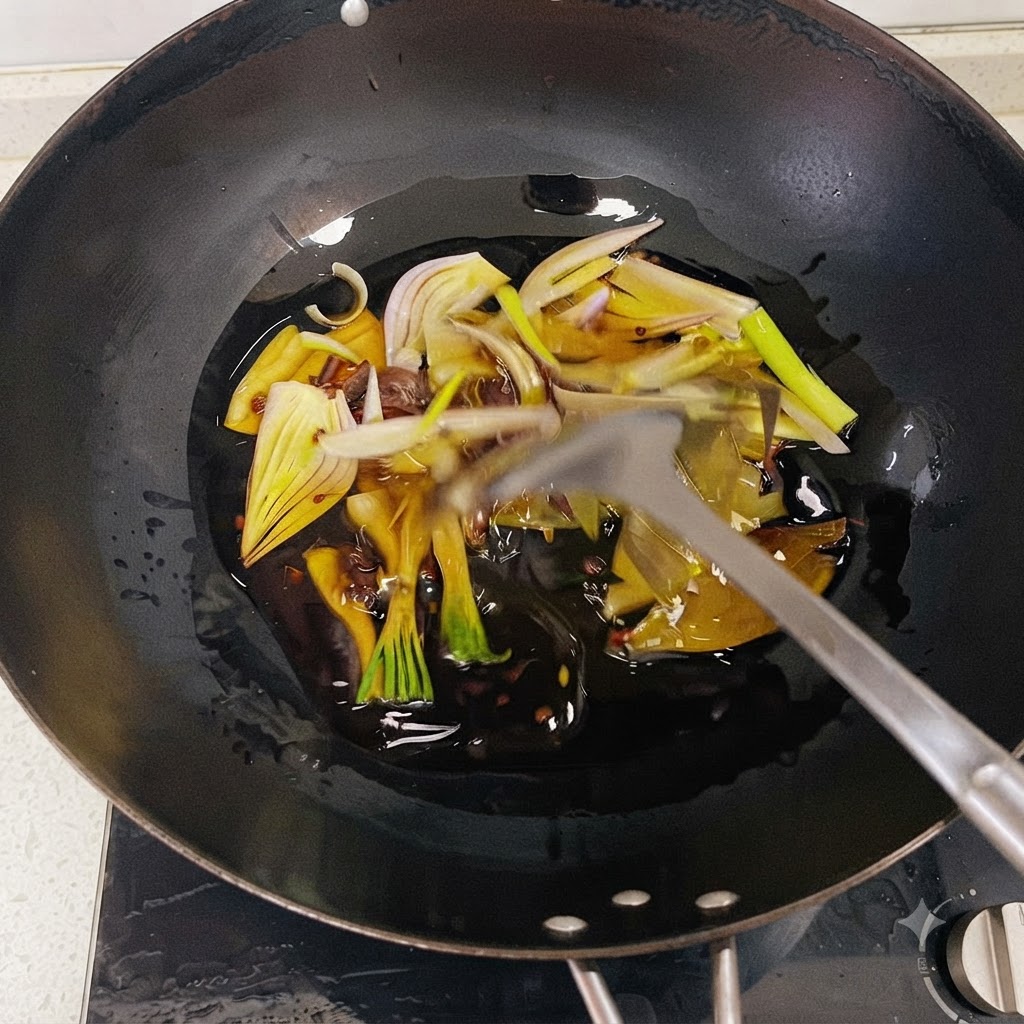 Aromatyczne składniki, w tym cząstki cebuli, dymka i przyprawy smażące się w gorącym oleju w woku.