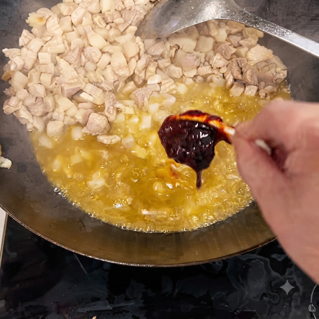 Łyżka ciemnej pasty fasolowej dodawana do ugotowanych kawałków wieprzowiny pływających w oleju w woku.