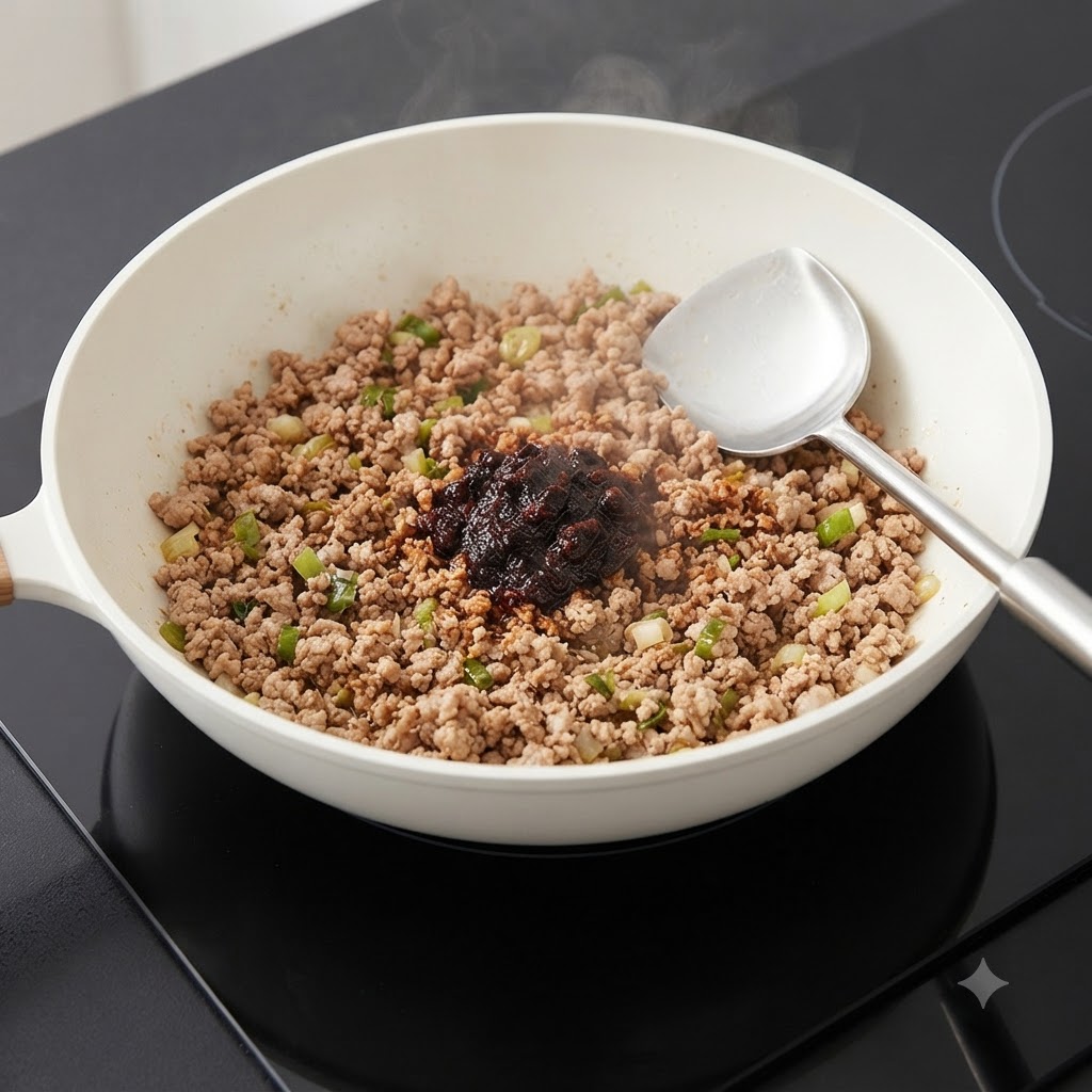 Ciemna pasta fasolowa dodawana do patelni z usmażoną mieloną wieprzowiną i cebulką.