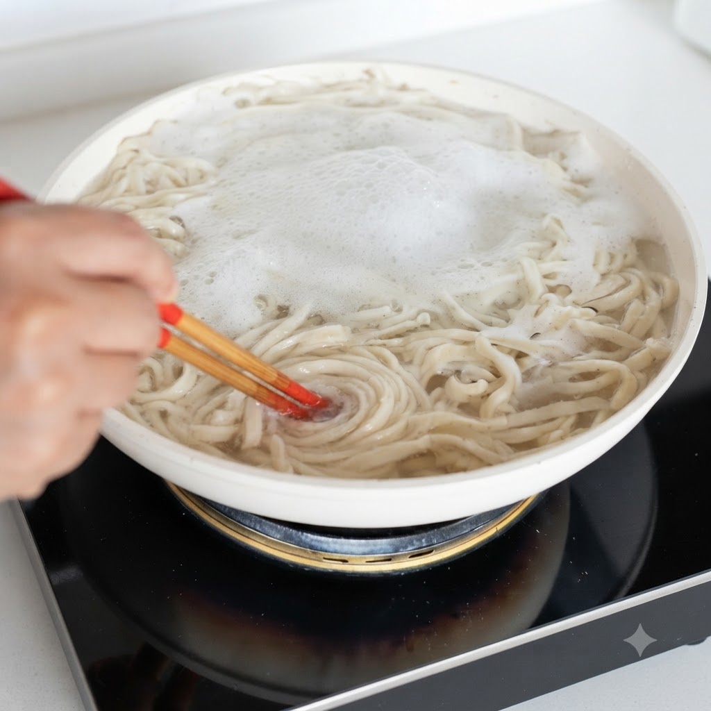 Makaron gotujący się w garnku z wrzącą wodą z pęcherzykami powietrza na powierzchni.