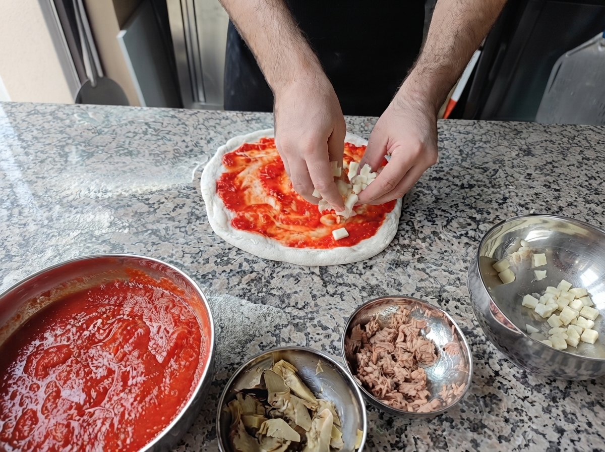 Dłonie układające kawałki białej mozzarelli na pizzy posmarowanej sosem pomidorowym.