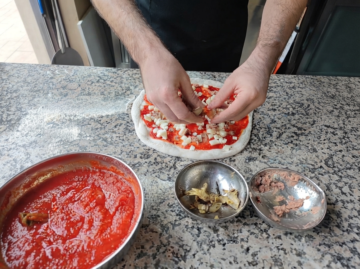 Dłonie nakładające kawałki tuńczyka i pieczonych karczochów na surową pizzę pokrytą sosem i serem.