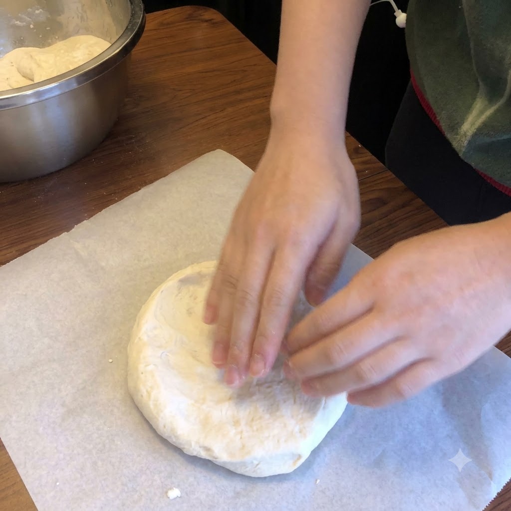 Ręce dociskające i równomiernie rozprowadzające sfermentowane ciasto na pizzę na papierze do pieczenia.