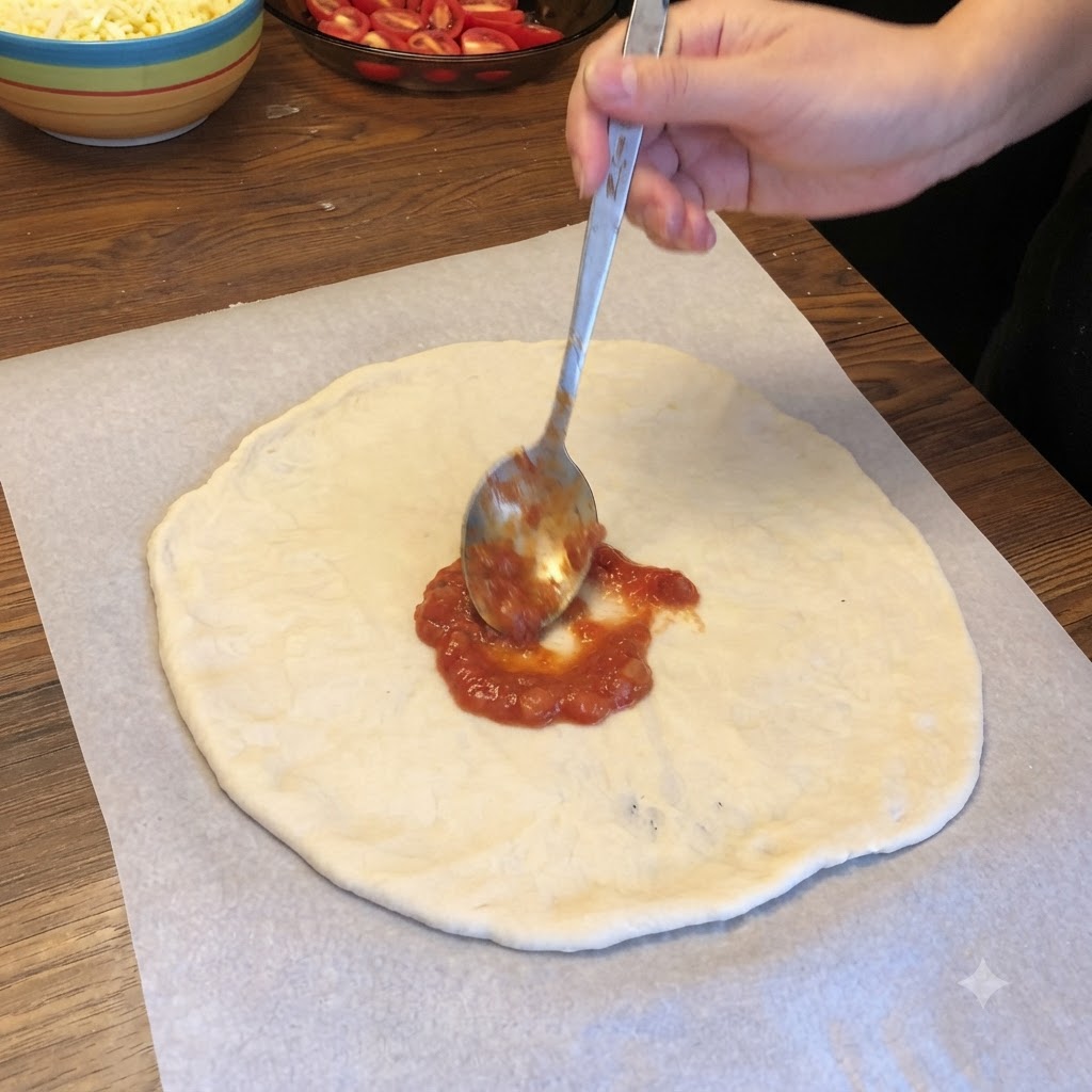 Łyżka rozprowadzająca czerwony sos pomidorowy okrężnymi ruchami na okrągłej podstawie ciasta na pizzę.
