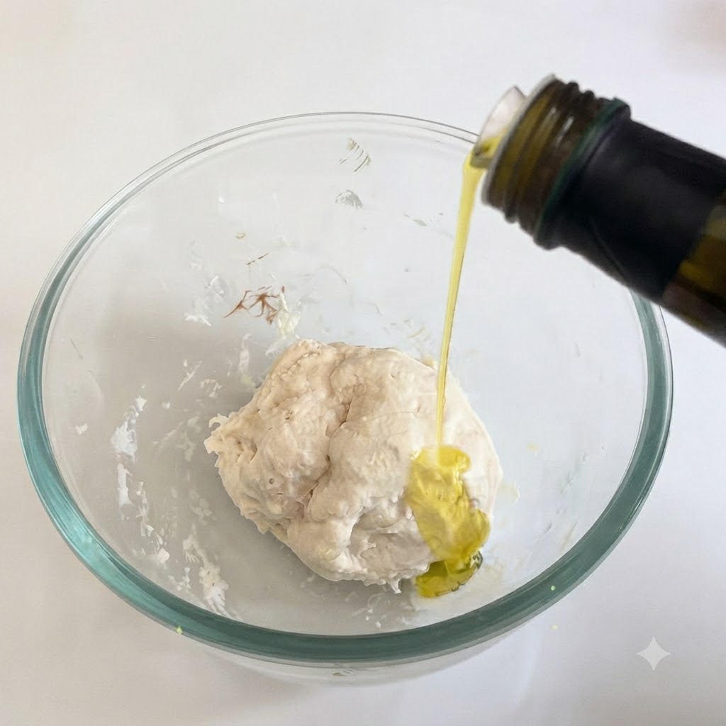 Oliwa z oliwek spływająca na kulkę ciasta na pizzę w szklanej misce.