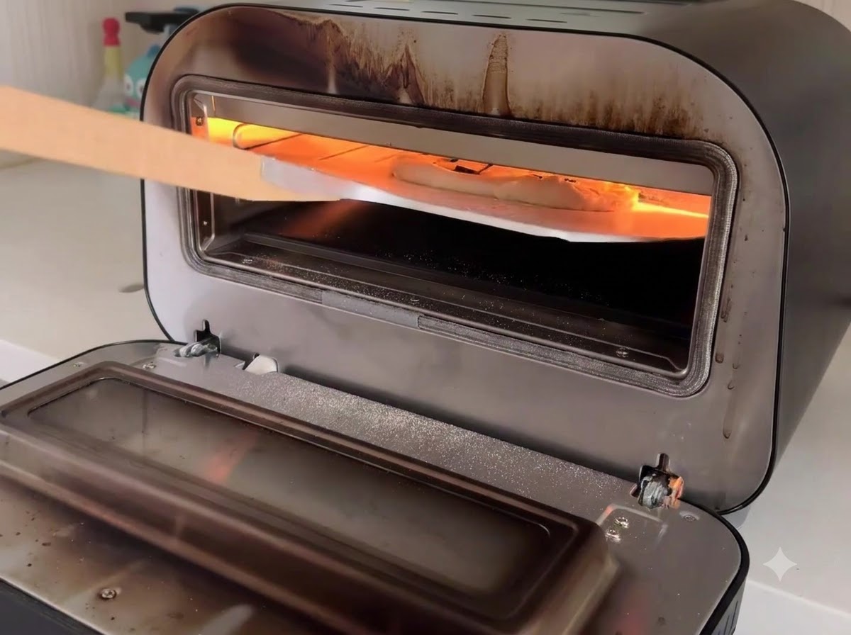 Pizza zsuwana za pomocą drewnianej łopaty do gorącego wnętrza kompaktowego pieca do pieczenia.