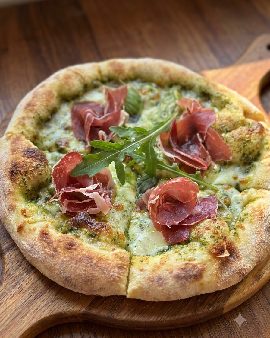 Świeżo upieczona pizza na drewnianej desce ozdobiona fałdami szynki dojrzewającej i świeżymi zielonymi liśćmi rukoli.