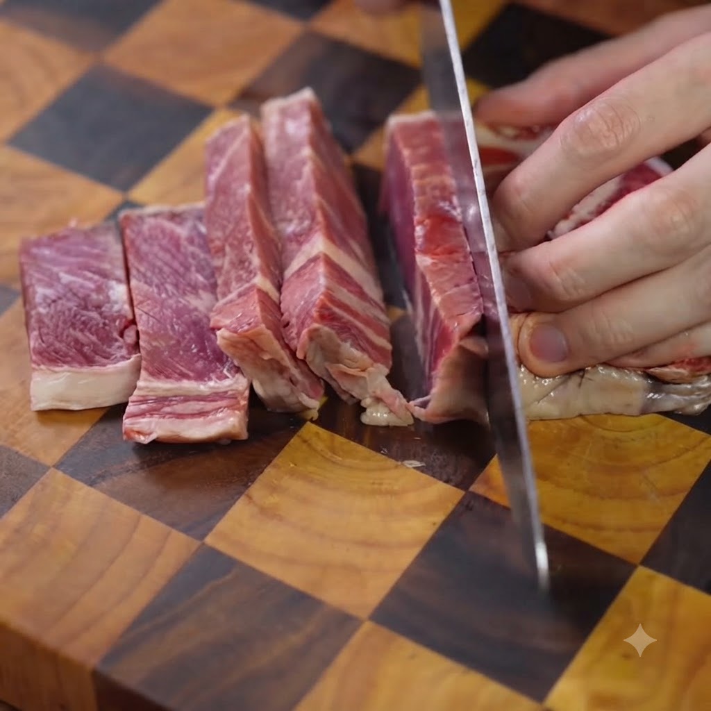 Ostry nóż kuchenny krający surowy stek ribeye na równe paski na drewnianej desce do krojenia.