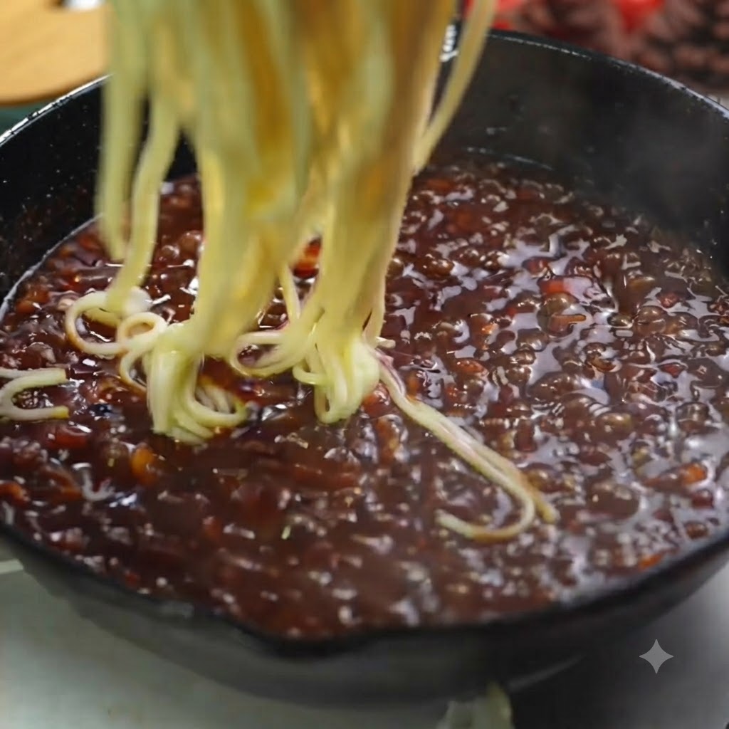 Świeżo ugotowany makaron spaghetti podnoszony i wrzucany do patelni z bogatym sosem truflowym do makaronu.