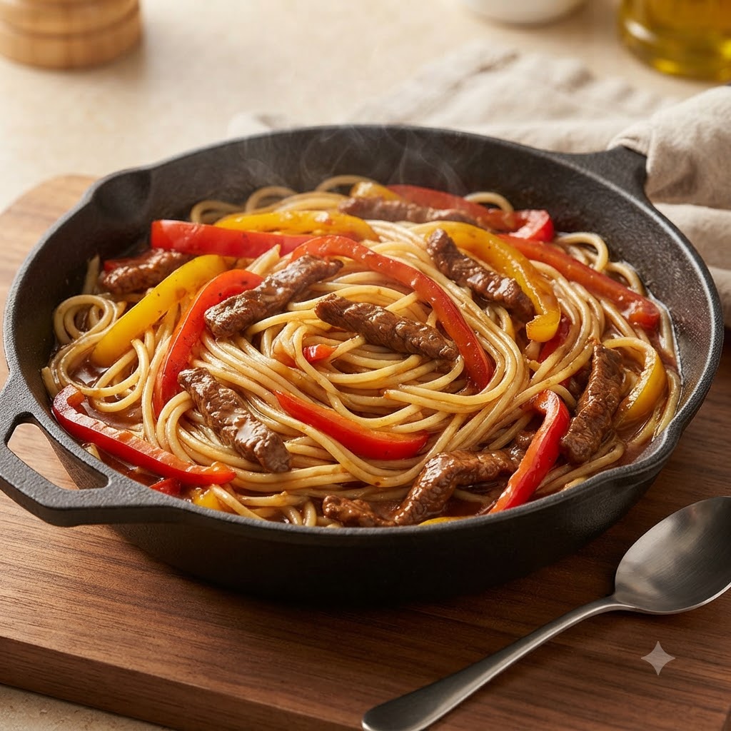 Żeliwna patelnia wypełniona ugotowanym makaronem spaghetti, pokrojoną papryką i kawałkami wołowiny otoczonymi sosem.