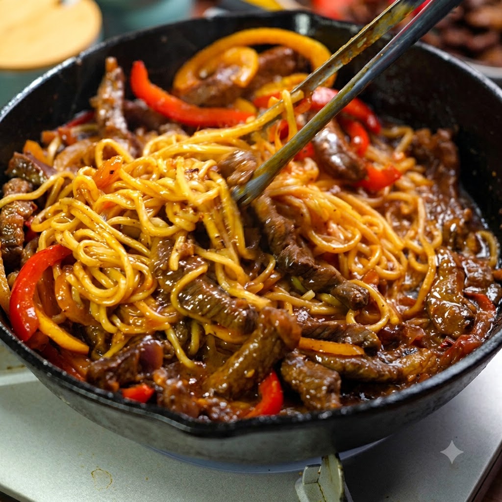 Para szczypiec aktywnie mieszająca makaron spaghetti, wołowinę i paprykę na patelni z bogatym sosem.