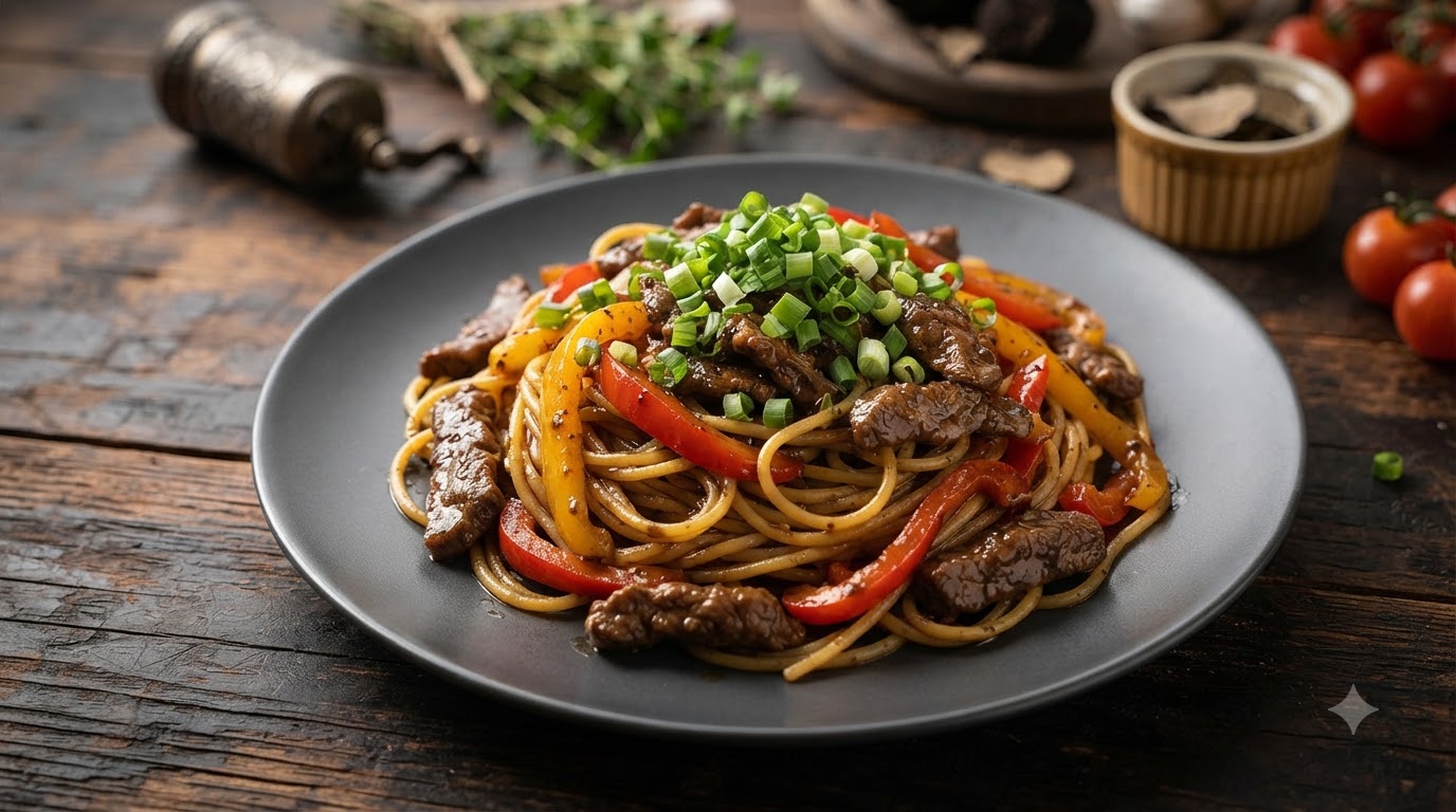 Spaghetti z Sosem z Czarnej Trufli i Wołowiną