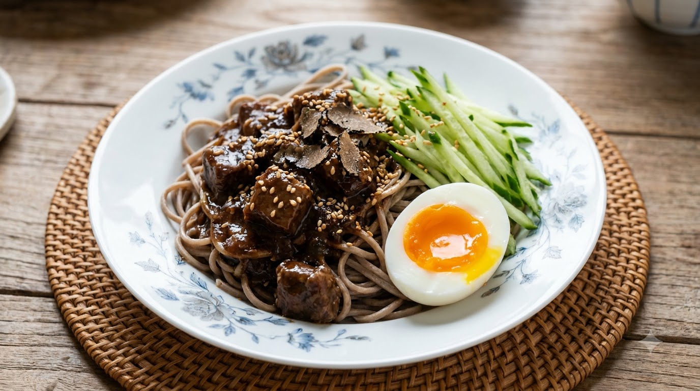 Makaron Soba z Wołowiną i sosem z Czarnych Trufli