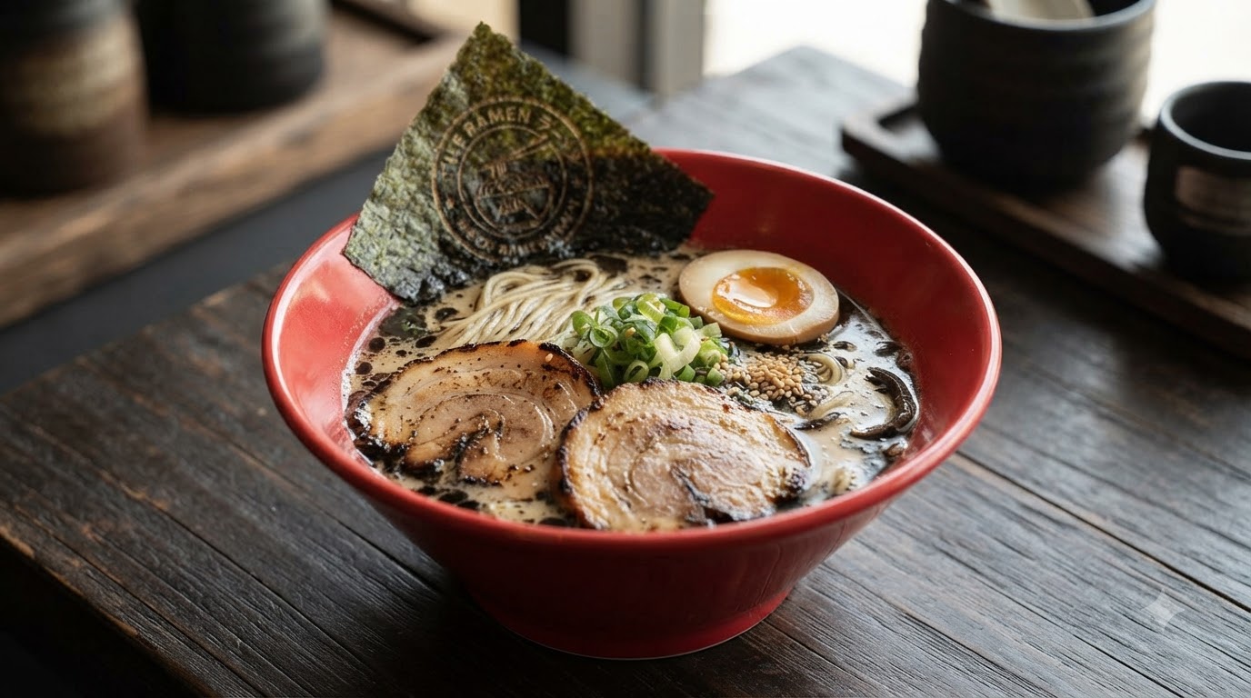 Miska czarnego czosnkowego tonkotsu ramenu z gęstym bulionem, plastrami wieprzowiny chashu, marynowanym jajkiem i aromatycznym olejkiem z czarnego czosnku.