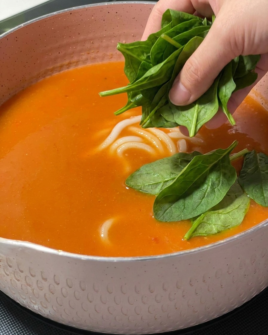 Świeże liście zielonego szpinaku dodawane ręcznie do garnka z pomarańczową zupą miso i makaronem udon.