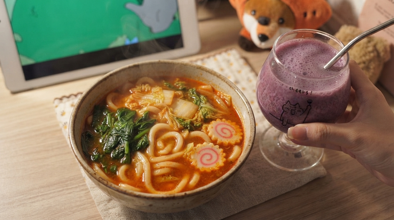 Pikantna zupa miso z udon i napojem winogronowo-mlecznym