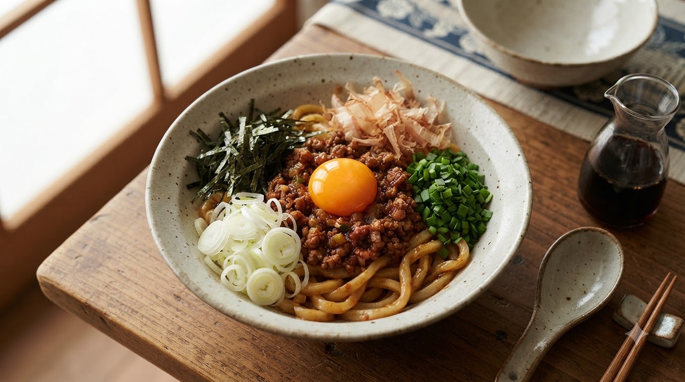 Miska Nagoya mazesoba posypana sosem z mielonego mięsa, surowym żółtkiem jajka, cebulką dymką, szczypiorkiem, nori i płatkami bonito.