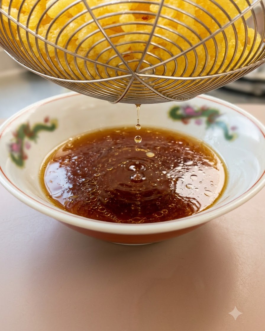 Gruby żółty makaron ramen wyjmowany z sitka, ociekający z wody nad wzorzystą miską wypełnioną sosem.