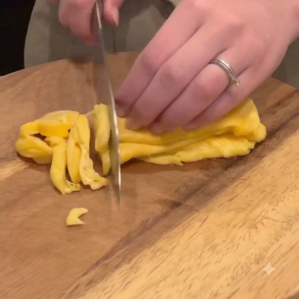 Omlet jajeczny krojący się na cienkie paski za pomocą noża na drewnianej desce do krojenia.