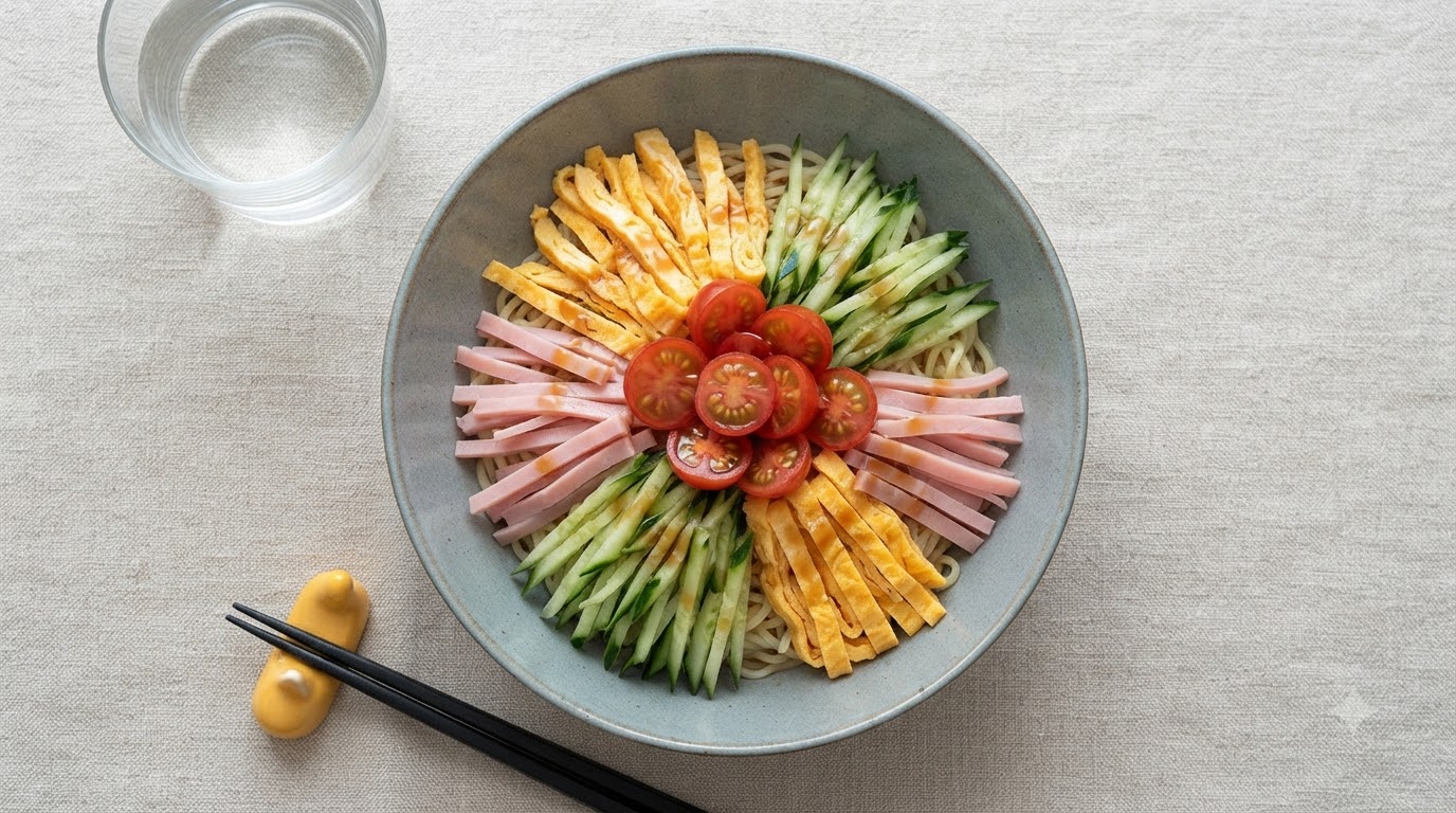 Kolorowa miska Hiyashi Chuka z zimnym makaronem ramen posypanym posiekanym ogórkiem, szynką, omletem jajecznym i pomidorkami koktajlowymi.