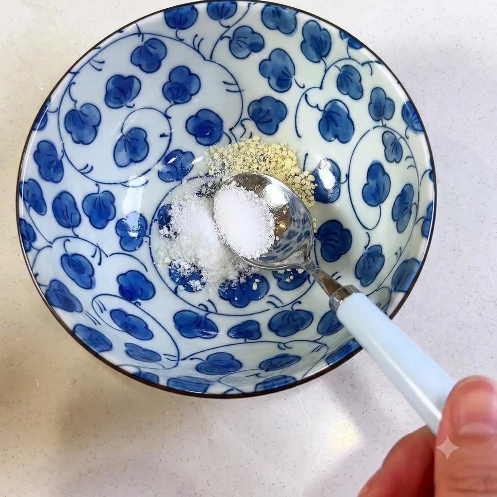 Łyżka odmierzająca przyprawy do ozdobnej ceramicznej miseczki.