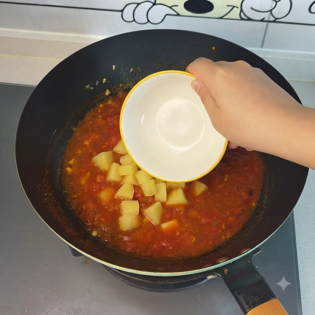 Pokrojone ziemniaki wsypywane z małej miski do bulgoczącej zupy pomidorowej w woku.