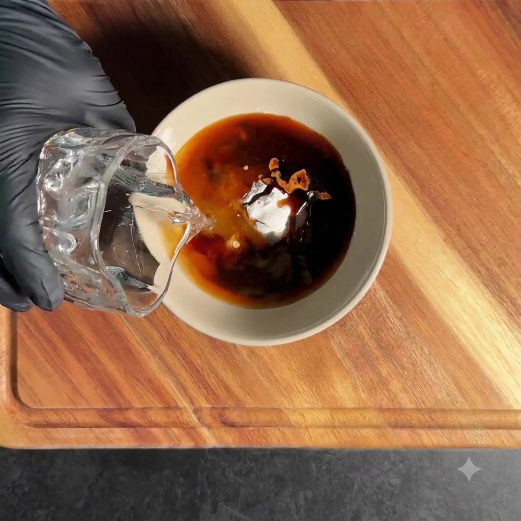 Mieszanie składników sosu teriyaki: sosu sojowego, ostrygowego, miodu i skrobi z wodą w misce.