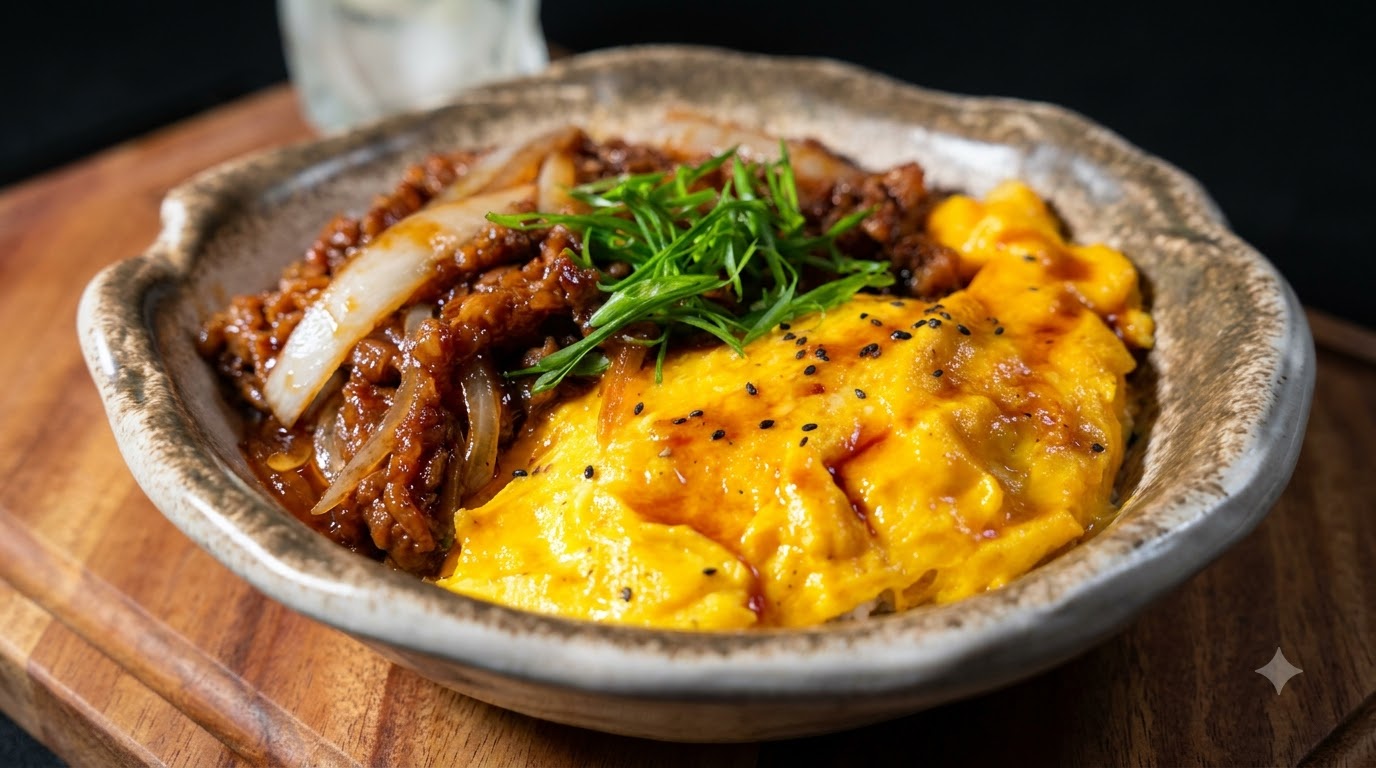 Miska ryżu z wołowiną teriyaki i puszystą jajecznicą