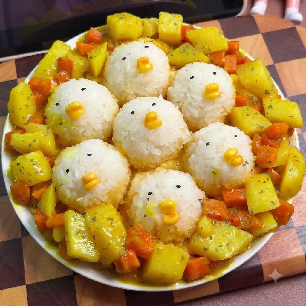 Kostka curry i woda dodane do podsmażonych ziemniaków i marchewki na patelni.