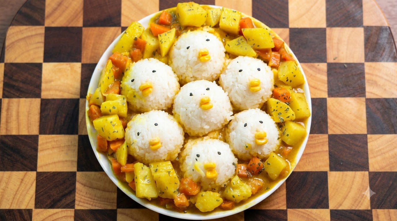 Urocze Ciasteczkowe Curry z Ryżem w Kształcie Kurczątka i Jajkiem